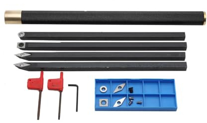 SUDEG Porte-Outil De Tournage,Kit Doutils de Tournage du Bois à Tête en Carbure,Plaquettes pour Burins de Tournage avec 4 Lames,4 tiges de Fraises en Métal dur,1 Rallonge de Manche