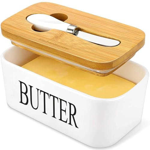 KitchenMonster® Butter Dish with Butter Knife - 600ml Butter Dish Ceramic and Bamboo Storage Box - Butter Dish with Lid White