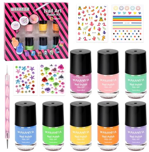 wakaniya Kindernagellack Set Peel Off Kinder Ngellack Mädchen Ungiftig Nagellack Kit mit Edelsteinen Aufkleber 8 Farben Nail Polish Wasserbasiert Geringe Geruch Nail Set