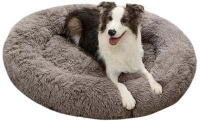 Domarex Weiches rundes Hundebett 110 cm XXL - Flauschiges Katzenbett mit hohem Rand - Shaggy Haustierkissen mit Silikonfüllung - gemütliches Anti-Rutsch - Schlafplatz für Hunde & Katzen - Beige