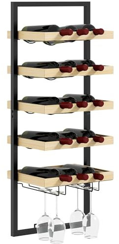 HOMCOM Flaskhylla, väggflaskställ, 5 nivåer för 15 flaskor 4 glas, för hemmabar kök vardagsrum, 35 l x 25 D x 86 cm, tallträ, naturlig träfinish