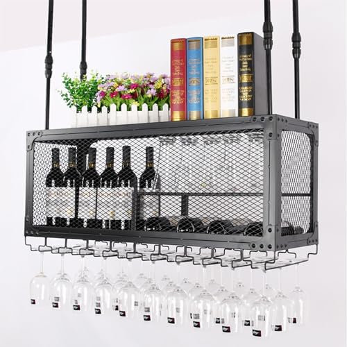 Weinregal Metall Flaschenregal Schmal Hängend Wine Rack Weinschrank Hausbar Barschrank mit Weinglashalter Weinständer Getränke Regal Vitrine Deckenregal Hängend für Esszimmer Home Bar(100*30cm)