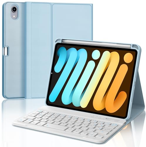 IVEOPPE Coque Clavier iPad Mini 7 (A17 Pro)/6 8.3 Pouces, Rechargeable Etui Clavier AZERTY Détachable pour iPad Mini 7 8.3 2024/6 8.3 2021, Bleu Ciel