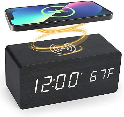 ChicBosomn Sveglia radio da comodino con ricarica wireless con display LED dimmerabile, senza ticchettio, doppia sveglia con caricatore USB (D)