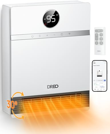 DREO Smart Wall Heater, IP24 Easy-mounted PTC Space Heater for Indoor Use, 30° Oscillation, Adjustable Thermostat, Remote Control, Works with Alexa, 24H Timer, Electric Heater for Bedroom, Office