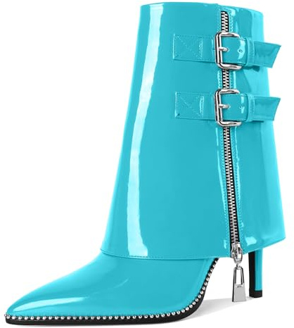 EDEFS Fold Over Boots for Women Mid Calf Ankle Boots Pointy Toe Comfortable for Winter Comfortable Turquoise UK4