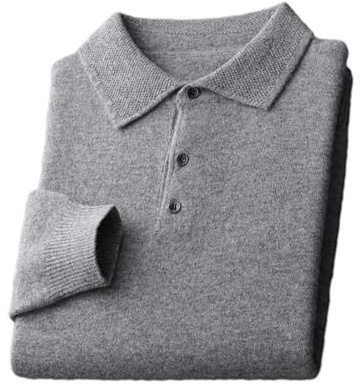 OWEIEYEU Maglione da uomo in lana merino tinta unita con collo a polo, a maniche lunghe, casual, leggero, per affari, grigio, M