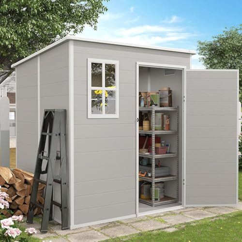 Amopatio Outdoor Storage Shed 6x6 FT, Plastic Resin Outside Sheds & Outdoor Storage for Trash Can, Bike, Lawnmower, Generator, Tool Shed with Lockable Door for Backyard, Lawn, Patio, Sandstone