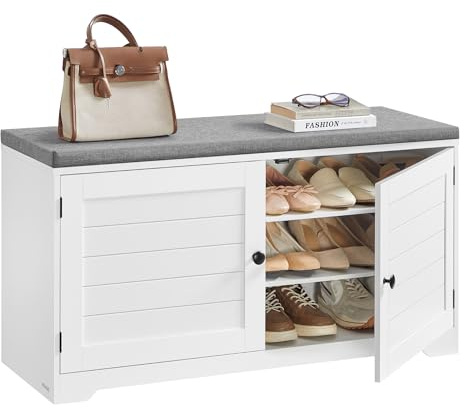 VASAGLE Banco Zapatero de 3 Niveles, con Puertas y Cojín, Estantes Ajustables, 35,5 x 101 x 52,5 cm, para Entrada, Dormitorio, Blanco Nube y Gris Paloma LSB044W01