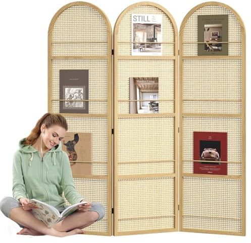 Rattan Room Divider with Built-in Bookshelf | Foldable Privacy Screen & Portable Partition for Home Office, Bedroom, Reading Nook | Wooden Frame, Freestanding Design (Natural-Rattan)