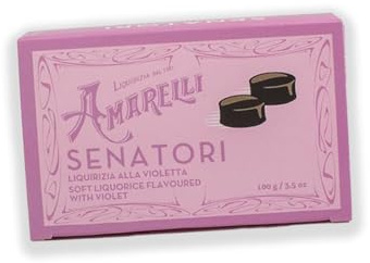 AMARELLI | Senatori – Regaliz Suave Aromatizado Con Violeta – 100g | Forma De Botón, Caramelos Violeta Con Sabor Único, Extracto De Regaliz Natural, Envase Clásico Y Elegante (UNIDAD)