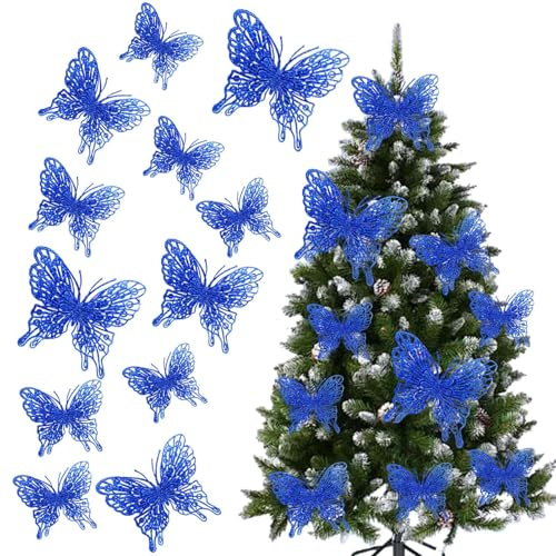 Christmas Tree Butterfly Ornaments Royal Blue Glitter Butterfly Decorations Artificial Butterflies with Clip & Stem for Xmas Party Wreath Garland Decor - 12-Pack 5inch 3D Hollow Butterflies