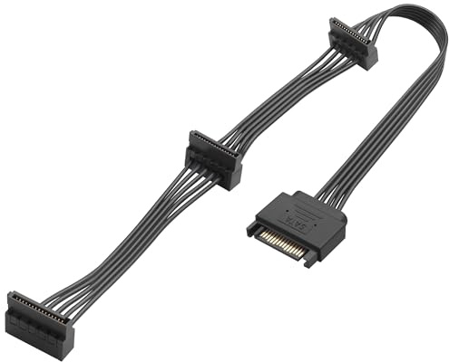 ELFJMZP SATA 15-Pin Power Splitter Cable 1 Male to 3 Female, 18AWG Tinned Copper, 42cm for HDD SSD CD-Drive - Multi-Drive Power Adapter for PC, NAS, Server (Black, PVC Jacket)