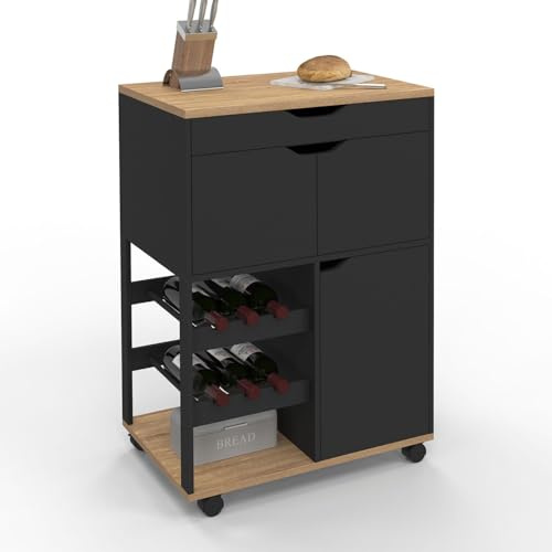 IDMarket - Küchenwagen COSY mit Schränken und Flaschenablage aus Holz und Schwarz | Mit Schrank, L. 60 cm / 23,6