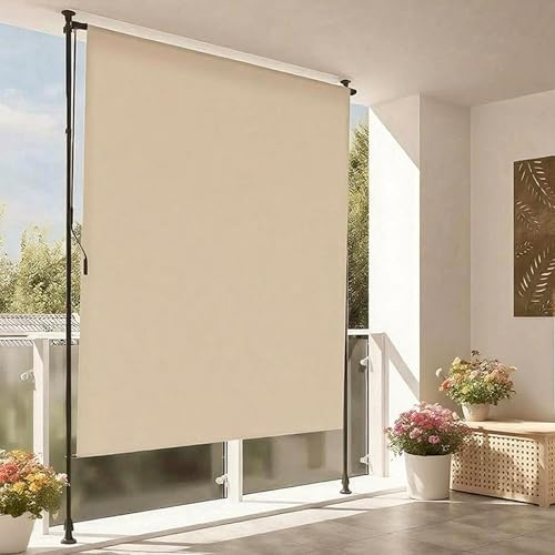 MBBTAG Tenda da Sole Verticale per Esterno con Manovella, Impermeabile e Resistente, Tenda Avvolgibile con Morsetto Senza Fori, Frangivista e Protezione Solare, per Balcone e Terrazza(Beige,Long 2m)
