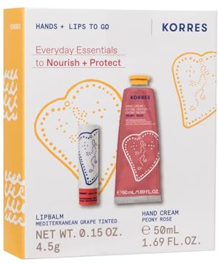 KORRES EVERYDAY ESSENTIALS Hand- und Lippen Pflegeset Peony Rose Handcreme & Mediterrenean Grape Lip Balm, Geschenkset für Frauen, silikon- & parabenfrei, 50ml + 4,5g