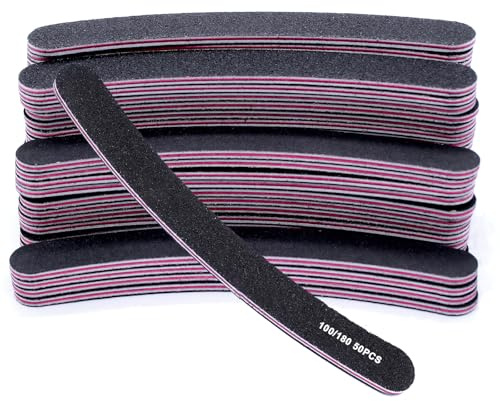 PWGHWG 50 Stück Nagelfeile 100/180, Nagelfeilen für Gelnägel, Doppelseitig Nagelpfeile, Gebogen Nail File, Grit Einweg Nail Feilen für DIY Nail Art Zuhause, Nagelstudios (Schwarz)