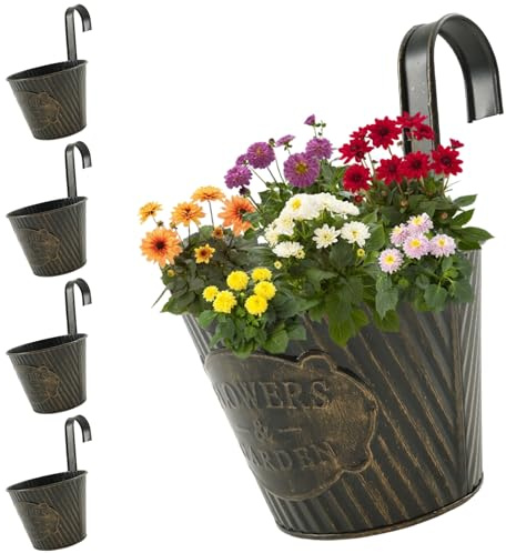 harupink Set di 5 vasi da fiori, sospesi, in metallo, stile vintage, vasi da fiori da appendere con foro di drenaggio e gancio rimovibile, robusto vaso da balcone per giardino, balcone, terrazza