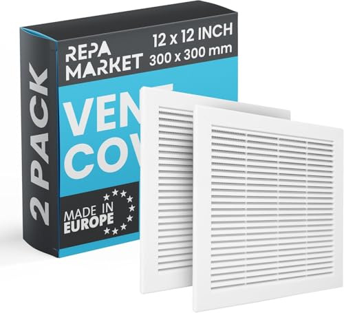 Repa Market 12 x 12 Inch / 300 x 300mm (Outer Size) White Square Air Vent Covers for Walls - Pack of 2 Plastic Intake Air Vents - Grill Cover w/Nylon Mesh Screen - HVAC Ceiling Ventilation Grilles