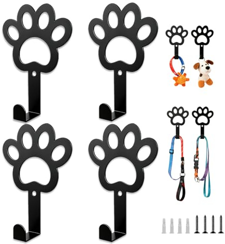 Hundegarderobe Wand, Hundeleinenhalter mit Pfotenhaken, Schlüsselhalter | 4er Set Hunde-Pfoten Wandhaken mit Schrauben; für Hundegeschirr, Leine, Halsband, Schlüssel und weiteres Hundezubehör.