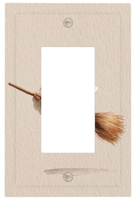 Cute Ghost in White Flying On A Broom Light Switch Wall Plate Faceplate Cover Single Rocker 1 Gang Decorator Outlet Receptacle Covers for Home Kitchen Room Bathroom Decor