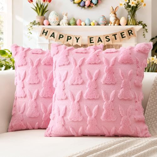 Artscope 2er Set Wolle Kissenbezüge Weicher Plüsch Kurzer Wollsamt Dekokissenbezuge Sofakissen Ostern Kissenhülle für Sofa Schlafzimmer Bunny Hase Rosa, 40x40cm