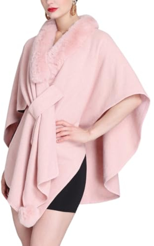Hiseng Chal para Mujer Capa Frontal Abierta Poncho Suave Elegante Poncho de Punto, Chaqueta de Primavera Dama de Capa con Cuello de Piel, Bufanda Manta Cárdigan Primavera