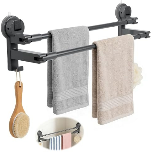 W&H Handtuchhalter Ohne Bohren,Saugnapf Ausziehbarer Handtuchhalter | 52-90cm ,Doppelt mit 2 Handtuchhaken,Handtuchstange für Badezimmer, Schlafzimmer, Küche
