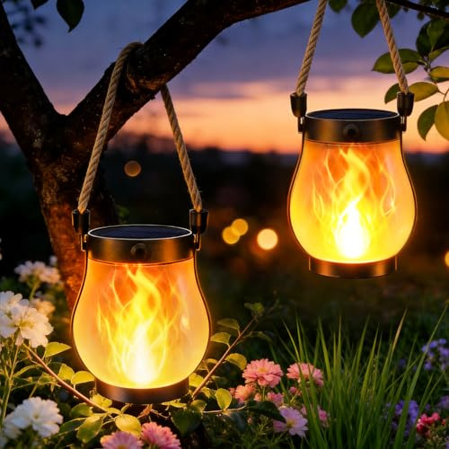 2 Pack Flickering Flame Solar Hemp Rope Hanging Lanterns, Dancing Flame Garden Lights with 2 Modes USB&Solars Charging, Waterproof Decor Lighting for Garden Yard Decorations, Patio, Camping