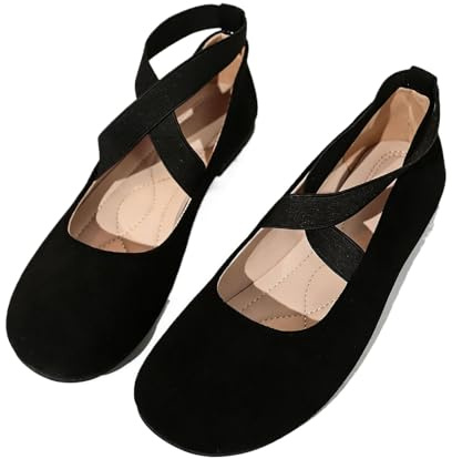 Hxprnoetxy Zapatos planos de ballet Mary Jane con correa cruzada y puntera redonda para mujer, zapatos planos de bailarina con correa, Black, 41 EU