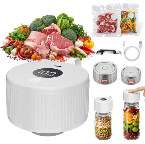 Caijin Sellador al Vacío Eléctrico para Tarros, Envasadora al Vacio Tarro de Masón para Tarros con Tapa Ancha y Normal Bolsas de Vacío, Envasadora al Vacio para Tarros Cristal Pantalla LED, Blanco