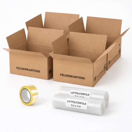 karton-billiger | VERSANDSET für 4 Kompletträder 15–19 Zoll – 4x Felgenkartons mit Höhenriller inkl. Luftpolsterfolie 0,4x5m & PVC Klebeband transparent