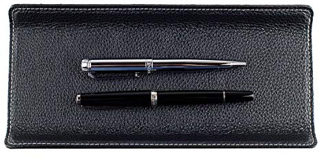 DELMON VARONE - Federschale aus Premium Leder Soft Grain schwarz - Echtleder Stiftablage für Kugelschreiber und Füller - Elegante Stifteschale mit schwerer Metalleinlage für Schreibtisch und Büro