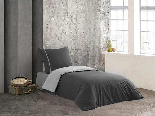 Class Home Collection Bettwäsche 155x220 Baumwolle – Ganzjahres Bettwäsche-Sets, Bettbezug und Kissenbezug 80x80 cm – Wendebettwäsche Doubleface mit Reißverschluss Anthrazit/Silber