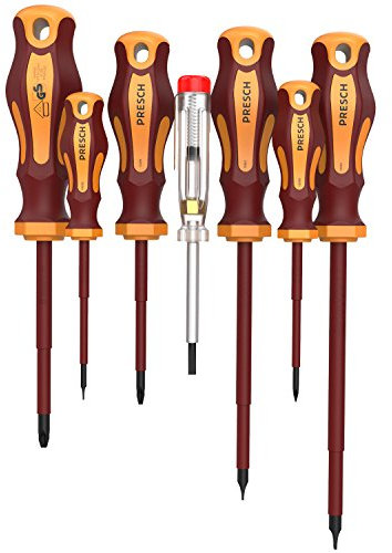 Presch Jeu de 7 tournevis VDE - Lot de tournevis électriques aimantés et isolés avec testeur de tension - Tournevis électricien en différentes tailles - Outils isolés 1000V