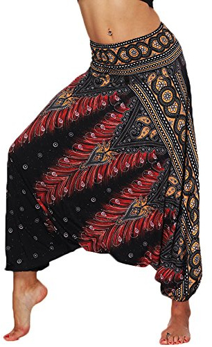 Nuofengkudu Mujer Pantalones Sueltos Hippi Tailandeses Estampado Verano Cintura Alta Elastica Entrepierna Baja para Yoga Casual Negro Pavo