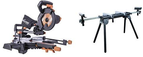 Evolution Power Tools R210SMS-300+ Multi-Material Sliding Mitre Saw with Plus Pack, 210 mm (110V) with Mitre Saw Stand with Extensions
