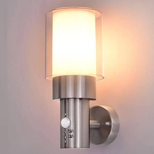 max K O M F O R T Aussenleuchte mit Bewegungsmelder + 8W LED warmweiß E27 Fassung Wand-leuchte Wandlampe Flurleuchte Edelstahl modern IP44 ASTERIA 1773 Gartenleuchte