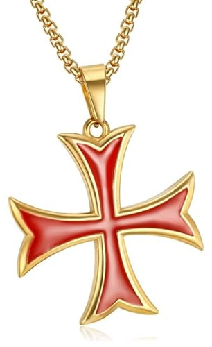 BOBIJOO Jewelry - Pendentif Collier Templier Croix Pattée Huit Pointes Rentrées Acier Or Doré Plaqué Email Rouge