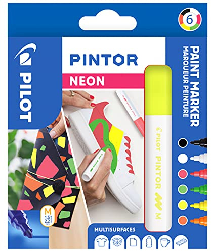 PILOT PINTOR Kreativmarker – 6 Stück in M – Farben Schwarz/Weiß/Neonpink/-grün/-gelb/-orange – Farbmarker-Stifte für DIY-Projekte, für fast alle Oberflächen, schnell trocknend und gut deckend