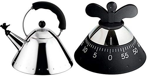 Alessi 9093 B Bollitore con Manico e Fischietto a Uccellino di Design in Acciaio Inox, Nero & Kitchen Timer A09 B da Cucina di Design con Movimento Meccanico in Resina Termoplastica, Nero