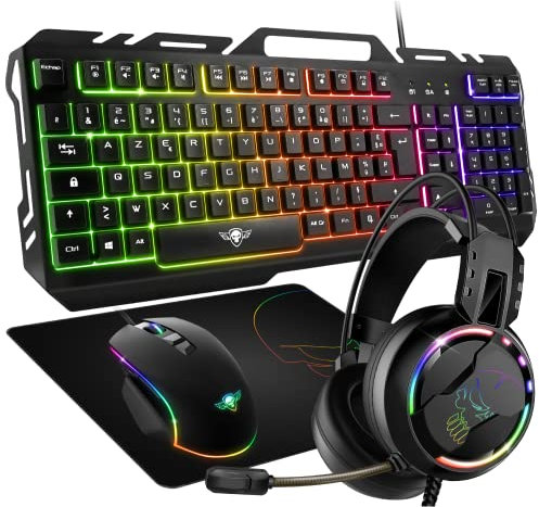 SPIRIT OF GAMER – Pack Gaming 4 en 1 Pro-MKH5 – Clavier Gamer RGB AZERTY Anti-Ghosting/Souris Gamer 7 Boutons RGB 6400 DPI/Casque RGB/Tapis Anti-Dérapant/PC PS4 PS5 Xbox One