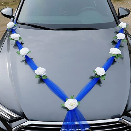 Duories Décoration de Voiture Mariage, mariée Couple Fleurs Roses Mariage Guirlande Deco Fleur pour fête Mariage,Bleu Blanc