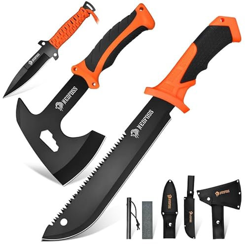 Nedfoss 38.5cm Machete Axt Messer Set mit 10cm Feuerstahl & Scheide, Survival Machete scharf echt, 25.3cm Outdoor Axt Survival, mini Beil, 25.3cm Full Tang Outdoor Messer mit Paracord für Camping