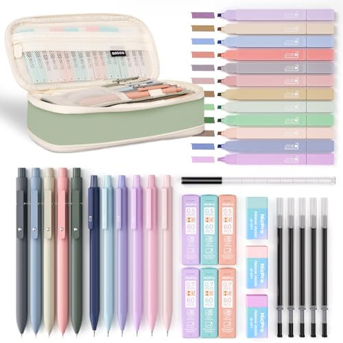 Nicpro 39 Stück Schulsachen mit Mäppchen, 5 Gelstifte, 12 Pastell Textmarker, 6 Druckbleistift Set, Aesthetic Stifte für Schüler Adult, Mädchen Coole Sachen Clean Girl School Stuff Office