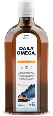 Osavi Daily Omega 1600 mg – 250 ml Oil | Omega–3 | Natural Lemon Flavor | Sustainable Wild Cod Oil from Norway with DHA & EPA for Brain, Heart & Vision Support | Highly Absorbable, Clean Label