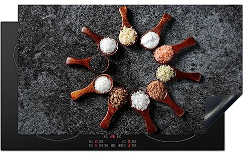 KitchenYeah© Herdabdeckplatte Einteilig Ceranfeld Abdeckplatte für Induktionsschutz Ceranfeldabdeckung Vinyl Herdabdeckplatten Löffel - Kräuter - Gewürze - Lebensmittel - Industrial - 91.2x52 cm