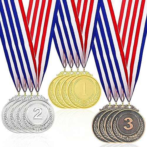 Omevett Set of 12 Metal Medals for Children,Gold Silver Bronze Sports Day Medals with Ribbons,2 Inch Football Medals for Kids, 1st 2nd 3rd Place Award Medals for Adults Winners Golf Tennis Running