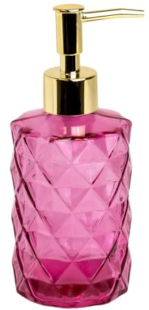 Intirilife Seifenspender aus Glas in Pink mit Karo Muster - 310ml Füllmenge - Spender für Seife Dosierer Handseifenspender für Küche Bad nachfüllbar mit Pumpe