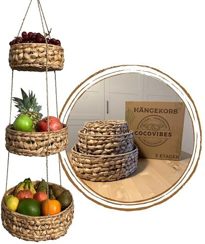 cocovibes RONDA Obstkorb hängend / Hängekorb mit 3 Körben aus Wasserhyazinthe / Obst Aufbewahrung / Deko Küche rund 30+25+20 cm / Küche Hänge Etagere 3 Etagen Obstschale / Obst Etagere / Fruit Basket